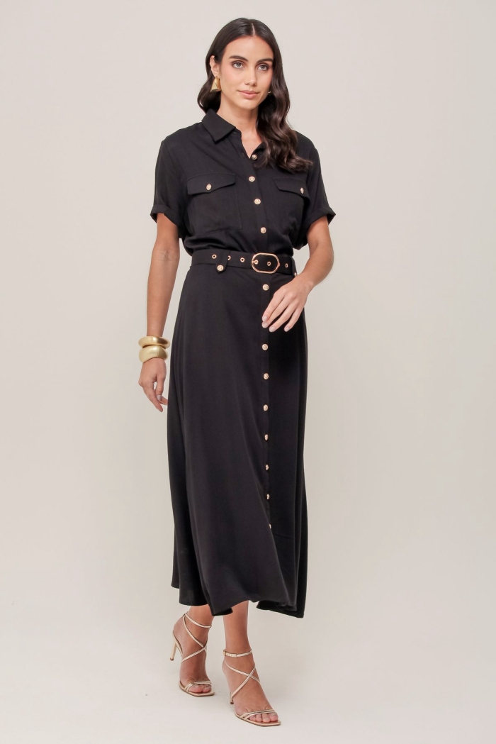 Vestido Chemise Midi em Viscose com Cinto